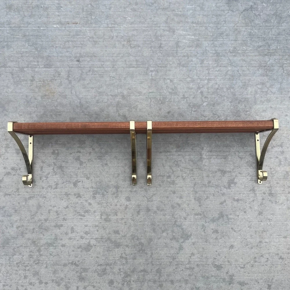 Vintage Mid Century Modern Adjustable Wood and Brass Wall Shelf 24-45 Inch Wide